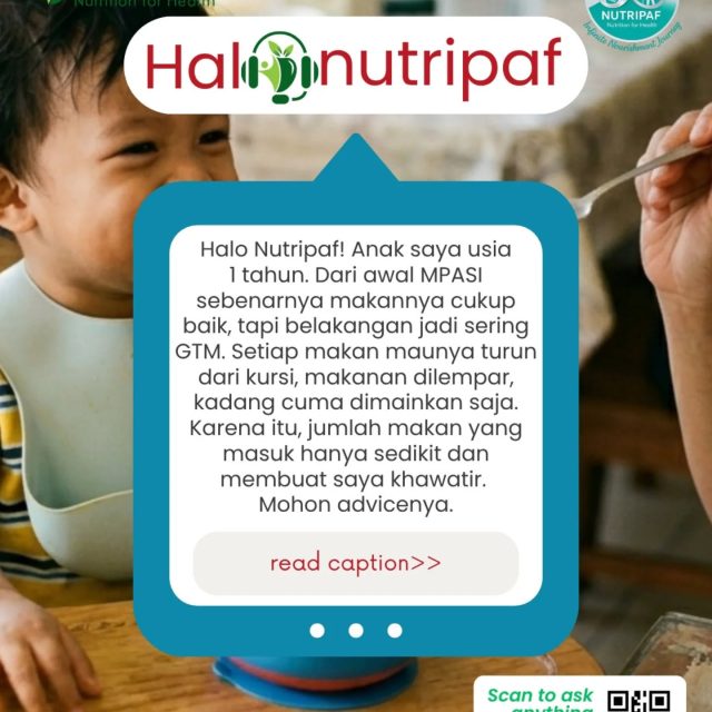 Hi Nutrifers! ✨

Fase GTM seperti ini ternyata cukup sering terjadi pada anak usia sekitar 1 tahun. Saat sebelumnya makan lancar, lalu tiba-tiba anak sulit duduk di kursi makan, makanan dilempar, atau hanya dimainkan saja—tentu bisa membuat orang tua khawatir. 🌿

Yang perlu dipahami, di usia ini anak sedang aktif mengeksplorasi banyak hal, termasuk saat makan. Jadi perilaku seperti memainkan makanan atau ingin turun dari kursi sering kali merupakan bagian dari proses tumbuh kembang.

Beberapa hal yang bisa memengaruhi:
🪑 Anak mulai sulit duduk terlalu lama
🍽️ Suasana makan terasa menegangkan
⏰ Jadwal snack atau susu terlalu dekat
💤 Anak sedang lelah atau tumbuh gigi

Yang terpenting, fokus tidak hanya pada banyaknya makanan yang masuk, tetapi juga bagaimana pengalaman makan dibangun setiap hari. 🌱

Coba tetap tenang saat waktu makan, hindari memaksa, dan bantu anak merasa bahwa makan adalah aktivitas yang menyenangkan.

Karena kadang, GTM bukan hanya soal anak sulit makan… tetapi bagian dari proses anak belajar mengenal makan itu sendiri. ✨

Jika kondisi ini mulai membuat Nutrifers khawatir, yuk konsultasikan bersama @Nutripaf ♥️

#nutripaf #halonutripaf #klinikgizi #klinikdietisien #konsultasigizi