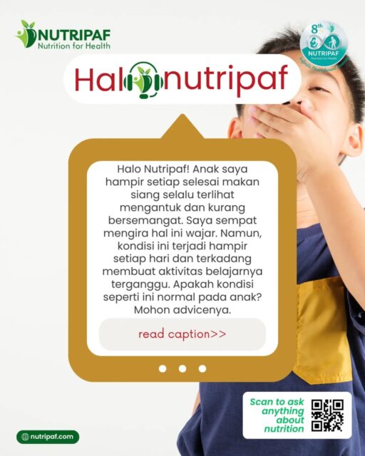 Hi Nutrifers! ✨

Rasa mengantuk setelah makan siang bisa menjadi hal yang normal, termasuk pada anak. Hal ini terjadi karena tubuh sedang mengalihkan energi untuk proses pencernaan. Namun, jika terjadi hampir setiap hari hingga mengganggu aktivitas belajar atau bermain, ada beberapa hal yang perlu diperhatikan. 🌿

Beberapa penyebab yang dapat memengaruhinya antara lain:
🍚 Porsi makan terlalu besar
🍩 Menu tinggi karbohidrat sederhana dan rendah serat
💧 Kurang minum sehingga tubuh mudah lemas
😴 Kualitas atau durasi tidur yang kurang
🩺 Pada kondisi tertentu, dapat berkaitan dengan masalah kesehatan yang perlu dievaluasi lebih lanjut

Yang perlu diingat, anak yang sehat umumnya tetap dapat beraktivitas dengan baik setelah makan. Bila rasa mengantuk terjadi terus-menerus atau disertai keluhan lain, sebaiknya jangan ragu untuk berkonsultasi agar penyebabnya dapat diketahui sejak dini. 🌱

Punya pertanyaan seputar gizi si kecil? Yuk konsultasikan bersama dietisien di @Nutripaf ♥️

#nutripaf #halonutripaf #klinikgizi #klinikdietisien #konsultasigizi